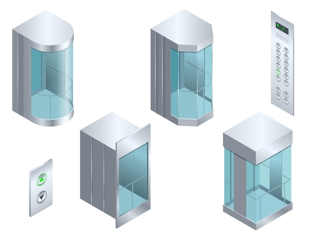Vector vector isométrico elevador de forma cilíndrica futurista de vidrio o ascensor interior isométrico con ascensor de estilo contemporáneo.