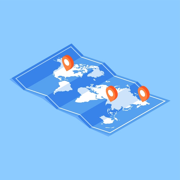 Vector isométrico de la red de distribución de entrega internacional de ubicación de pin de mapa mundial de papel arrugado