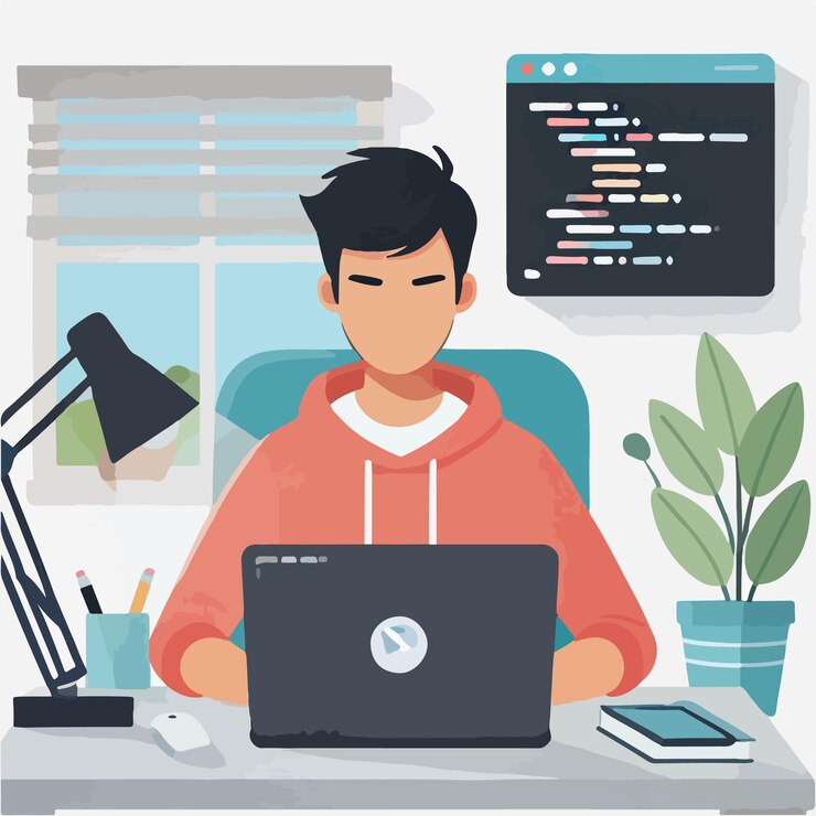 Vector vector de un joven codificando con una computadora portátil
