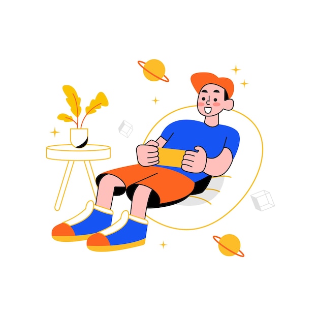 Vector de un joven disfrutando de jugar juegos usando un teléfono inteligente sentado en una bolsa de frijoles