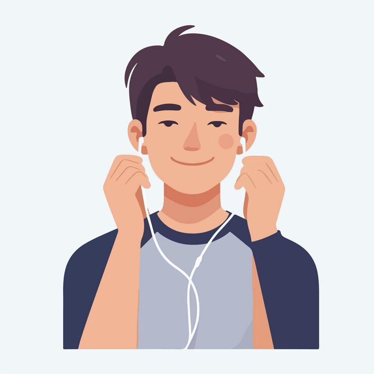 Vector vector de un joven feliz escuchando música