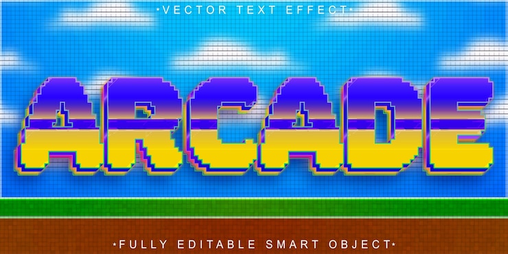 Vector vector de juego de arcade de píxeles colorido objeto inteligente totalmente editable efecto de texto