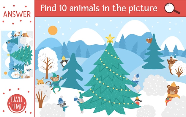 Vector juego de búsqueda de Navidad con personajes lindos en bosque de invierno. Encuentra animales escondidos en la imagen. Actividad imprimible educativa de Año Nuevo simple y divertida para niños.