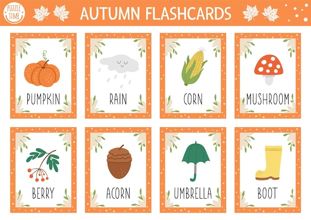 Vector juego de tarjetas flash de otoño juego de idioma inglés con bellota de paraguas de hongo de calabaza lindo para niños tarjetas de flash de temporada de otoño hoja de trabajo imprimible educativa simplexa