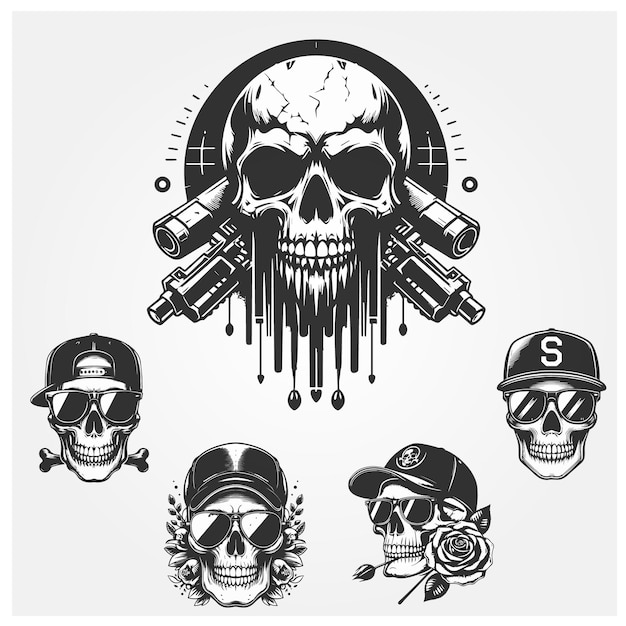 Vector vector de juegos genial de cabeza de cráneo con colección de juegos de logotipo de ilustración de flores de gorra