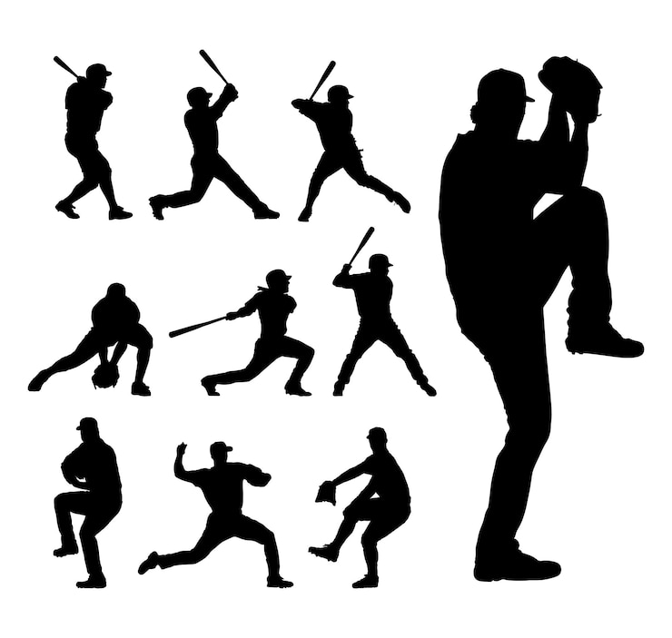 Vector vector, jugador de béisbol, siluetas negras