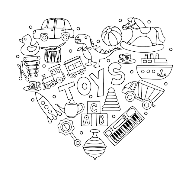 Vector vector juguetes doodle corazón mano dibujar colección de iconos de juguetes para baby shower o scrapbook lindo ilust