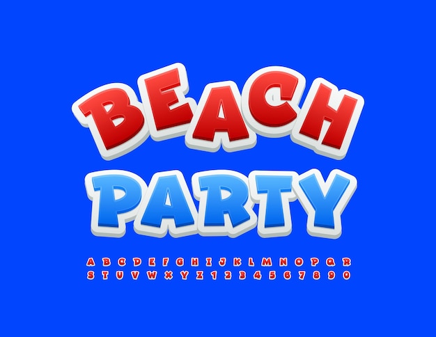 Vector juguetón Emblem Beach Party. Fuente divertida moderna. Conjunto creativo de letras y números del alfabeto