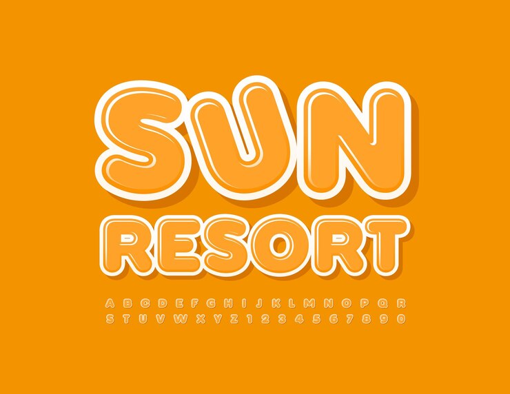 Vector vector juguetón signo sun resort linda fuente amarilla alfabeto moderno letras y números