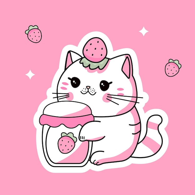 Vector vector kawaii gato con tarro de mermelada de yogur de leche de fresa pegatina de gato de dibujos animados