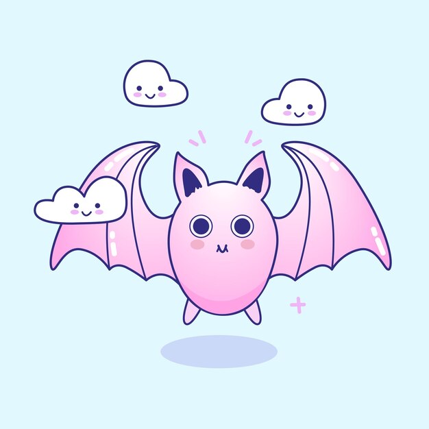 Vector kawaii murciélago lindo sonriente personaje de halloween con alas y nubes