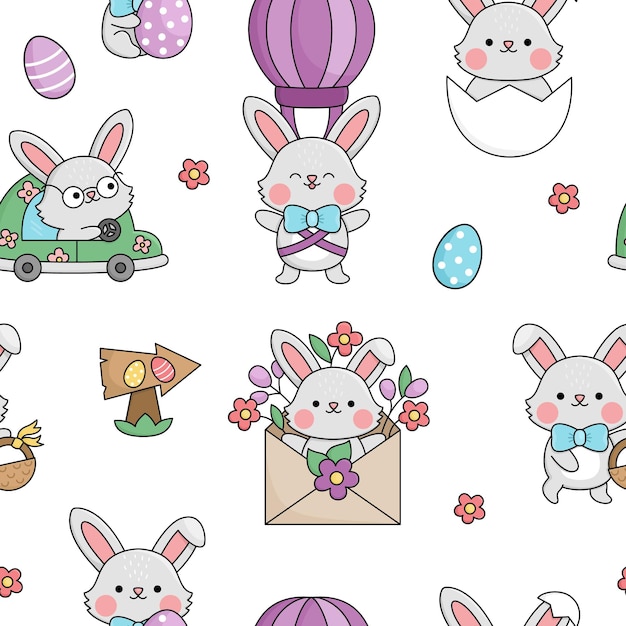 Vector kawaii patrón sin costuras de Pascua para niños con conejitos divertidos fondo de repetición de dibujos animados lindo símbolos tradicionales papel digital con huevos de colores y conejos lindos textura de vacaciones de primavera xA