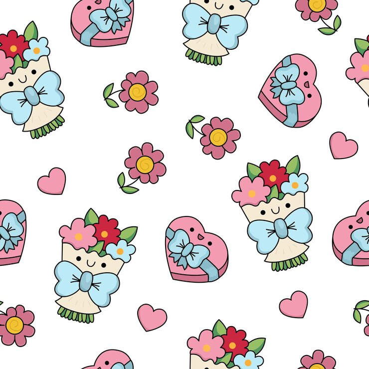 Vector vector kawaii san valentín patrón sin costuras para niños dibujos animados bonitos repetir fondo símbolos tradicionales de vacaciones de amor papel digital con ramos de flores caja de dulces flores corazonesxa