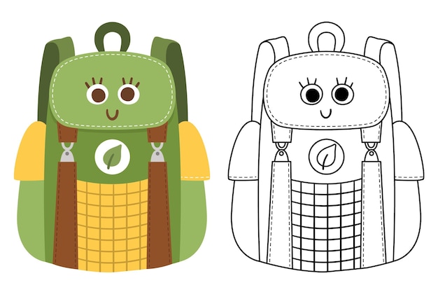 Vector kawaii viajero mochila color y blanco y negro ilustración Schoolbag clipart Lindo estilo plano y de línea sonriendo bolsa de viaje con ojos Imagen divertida para niños Linda página para colorearxA