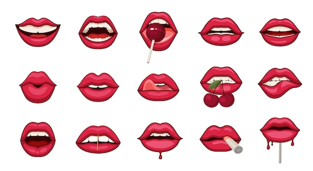 El vector de labios rosados de dibujos animados establece múltiples expresiones