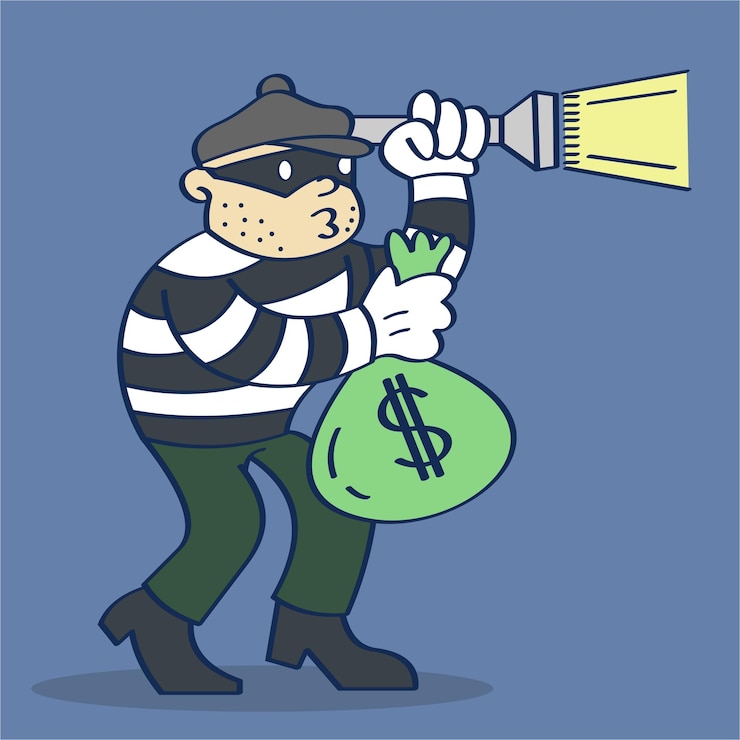 Vector vector ladrón hombre lurk sosteniendo linterna y bolsa de dinero personaje de dibujos animados ilustración dibujo a mano