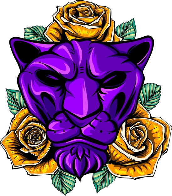 Vector León con rosas y hojas ilustración sobre fondo blanco.