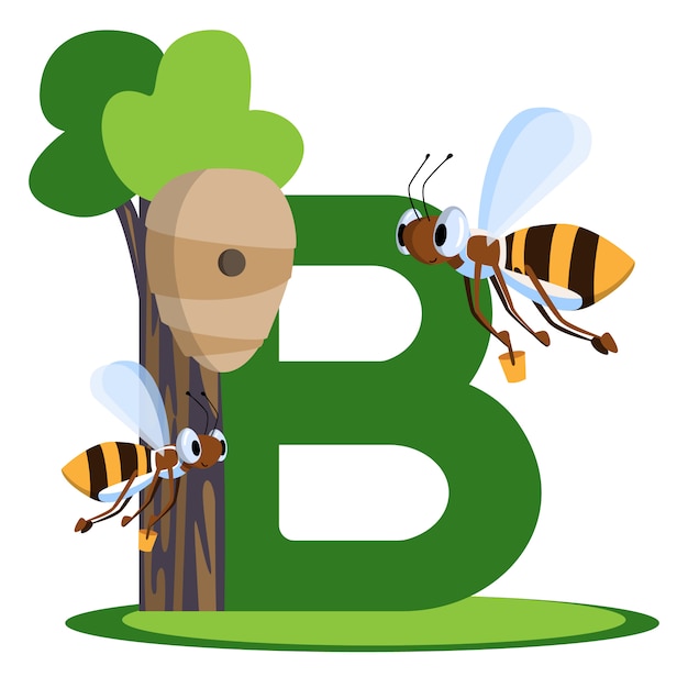 Vector vector la letra con las abejas que llevan los cubos de miel en colmena. para niños aprendiendo ingles.