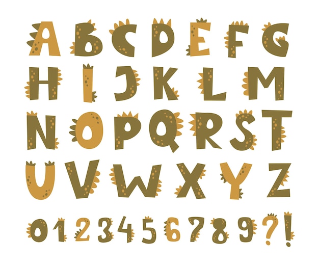 Vector letras y números lindos en forma de dinosaurios