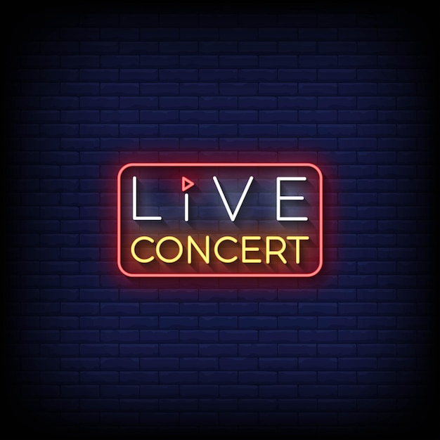 Vector de letrero de neón de concierto en vivo con fondo de pared de ladrillo