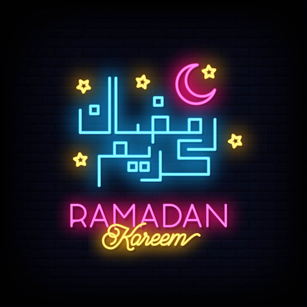 Vector de letrero de neón de Ramadán Kareem con letras y Luna y estrella