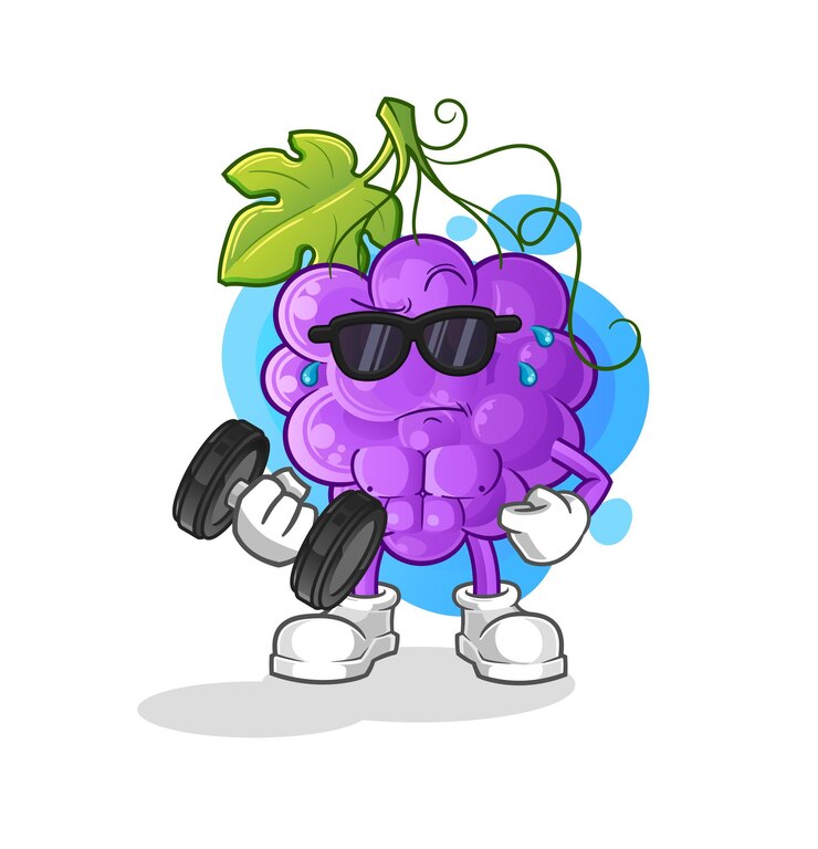 Vector el vector de levantamiento de pesas de uva. personaje animado