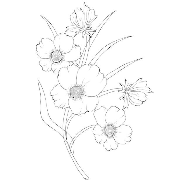 Vector libre arte lineal y dibujo a mano flor arte blanco y negro diseño plano simple flor