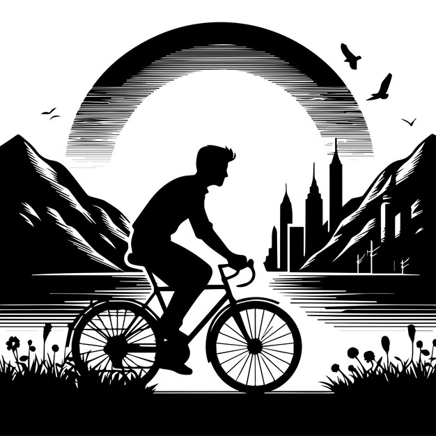 Vector libre dibujado a mano un hombre conduce en la silueta del ciclo dentro de fondo blanco