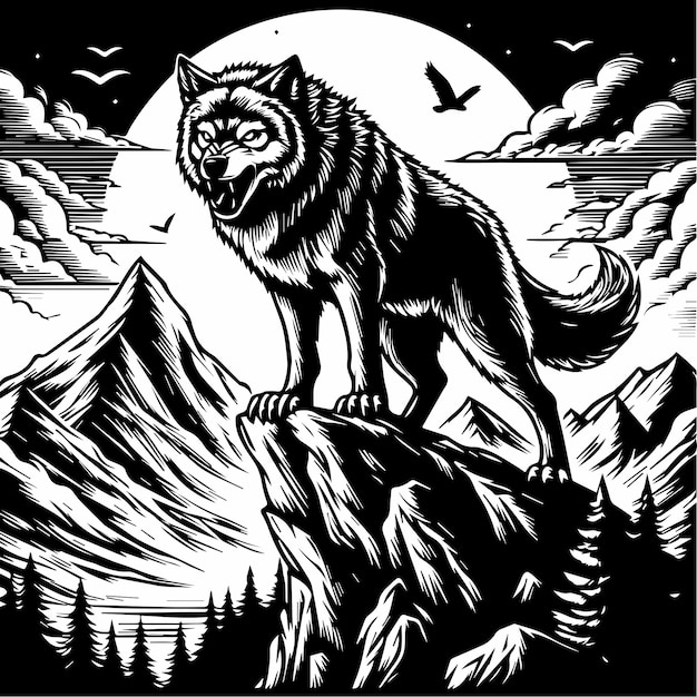 Vector libre dibujo a mano Un lobo está de pie en la cima de la montaña con un fondo blanco