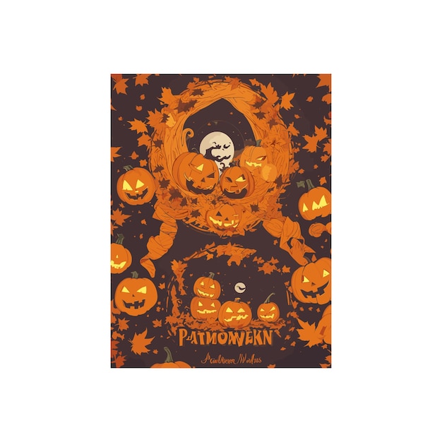 Vector libre diseño de camiseta de calabaza de halloween rodeada de hojas de otoño y una luna llena en la parte posterior