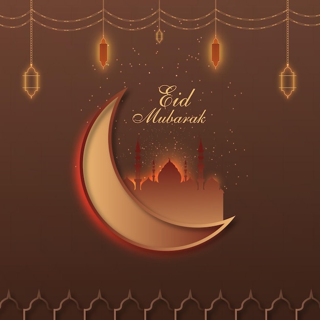 Vector libre eid mubarak moon vector art y mezquita hermoso fondo