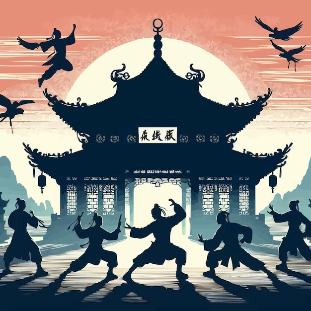 Vector vector libre héroe marcial chino lucha con el templo chino