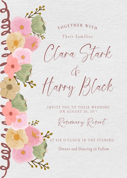 vector libre lindo hermoso delicado floral acuarela tarjeta de boda conjunto invitación
