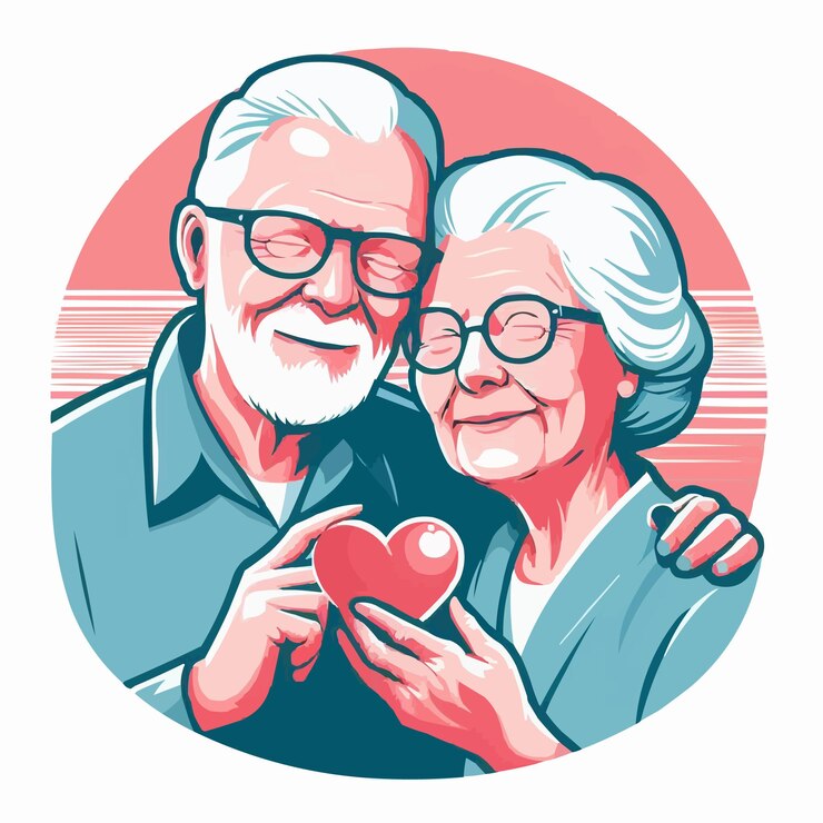 Vector libre Una pareja de ancianos enamorados con un corazón en el fondo