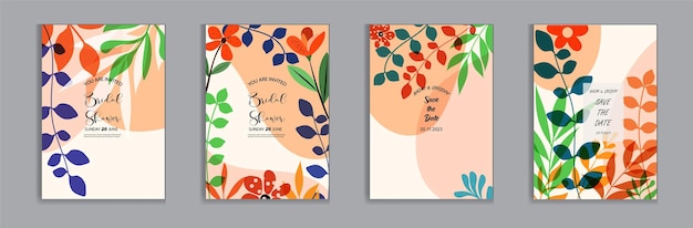 Vector libre de tarjetas de boda brillantes y coloridas plantilla de invitación hojas y flores florales