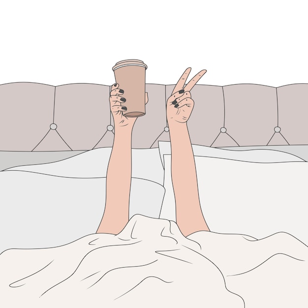 Vector libre tomando café en la cama con manos felices y levantándose tarde