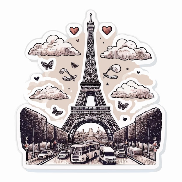 Vector libre Torre Eiffel de París dibujo a mano con fondo blanco