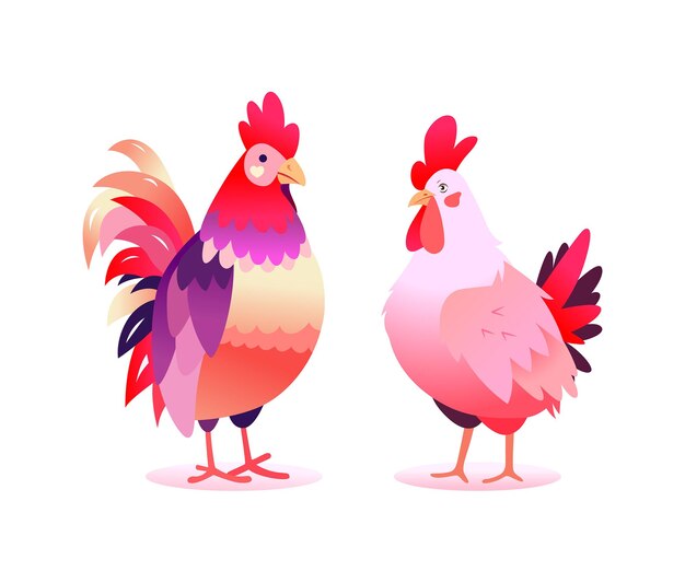 Vector libre varias gallinas y gallos conjunto de iconos planos