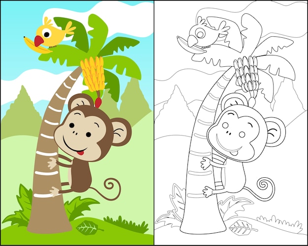 Vector de libro para colorear con dibujos animados mono subir un árbol de plátano