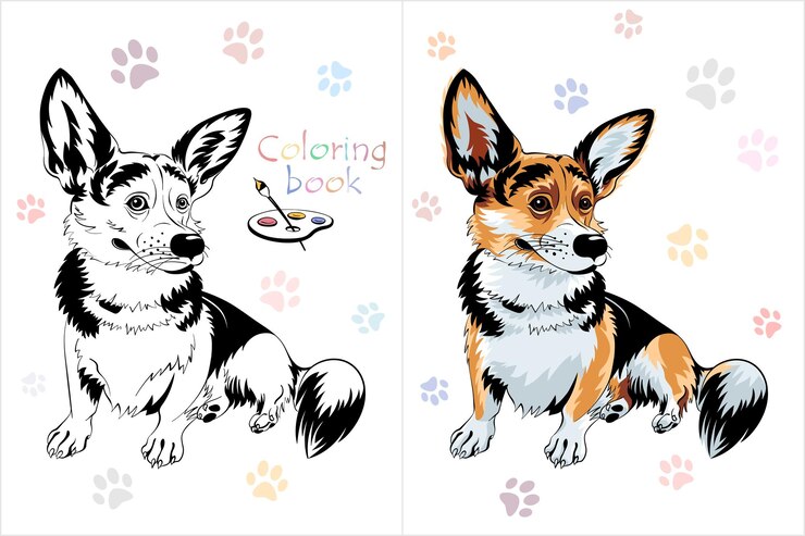 Vector vector libro de colorear página 1 del perro pembroke raza welsh corgi sentado y sonriendo