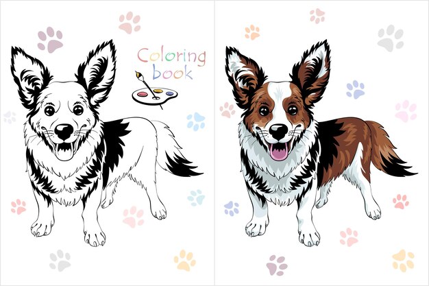Vector Libro de colorear página 2 del perro Pembroke raza Welsh corgi quedándose y sonriendo