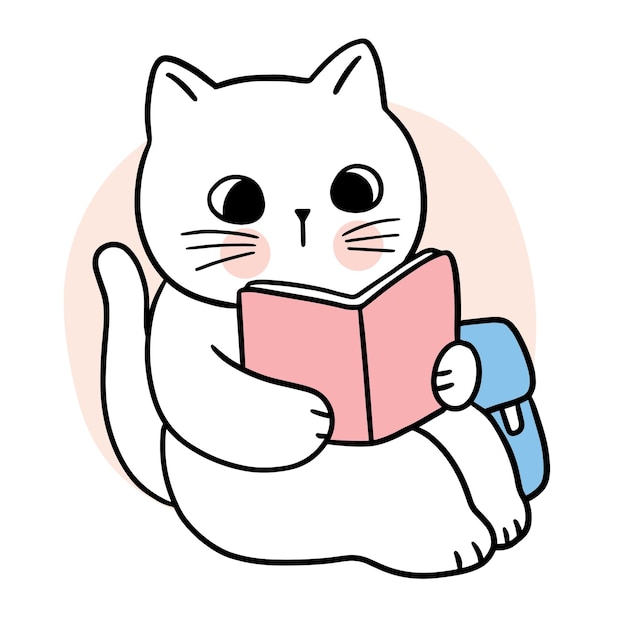 Vector de libro de lectura de gato lindo de dibujos animados