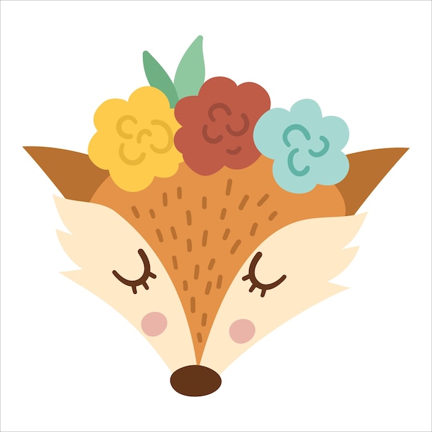 Vector linda cara de animal salvaje con flores en la cabeza y los ojos cerrados Avatar de bosque boho Ilustración divertida de zorro para niños Icono de Woodland aislado en fondo blancoxA