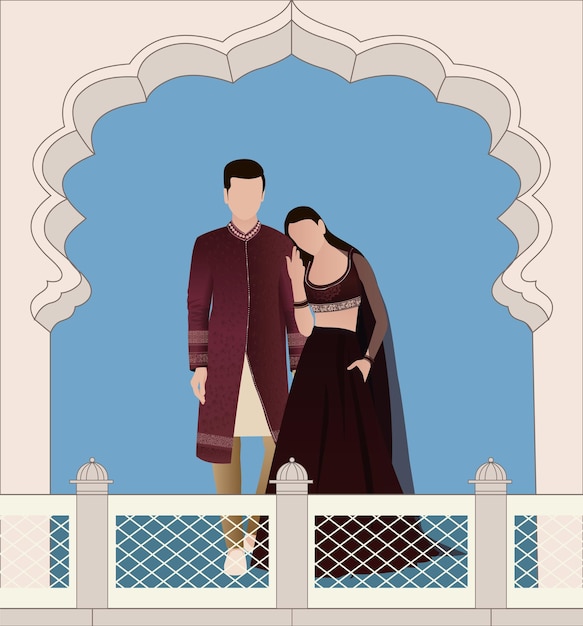 Vector vector linda caricatura de una pareja india en vestido tradicional posando para el diseño de tarjetas de invitación de boda fre