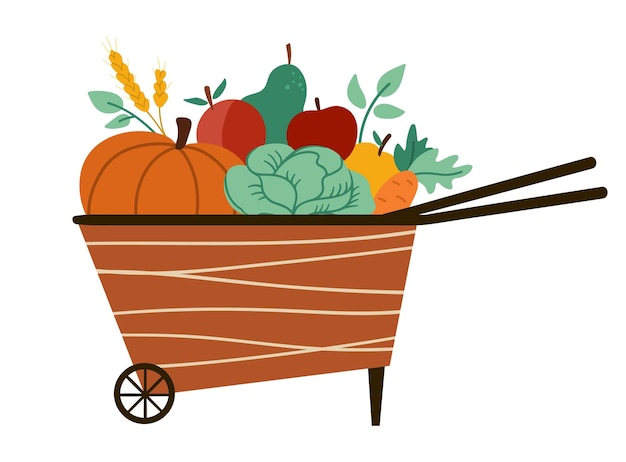 Vector linda carretilla con manzanas pera calabaza zanahoria Otoño jardín clipart Divertido estilo plano frutas y verduras ilustración aislada sobre fondo blanco Temporada de otoño cosecha iconxA