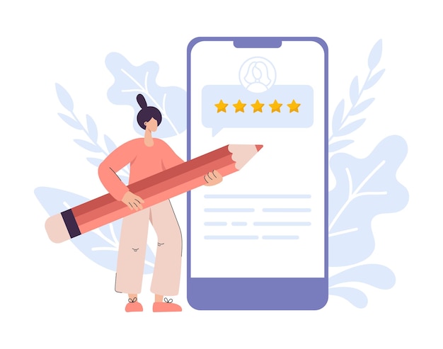 Vector linda mujer plana con lápiz para dibujar 5 estrellas en el teléfono Vector Flat simple people feedback illustration