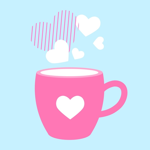 Vector linda taza rosada con corazones en el fondo azul