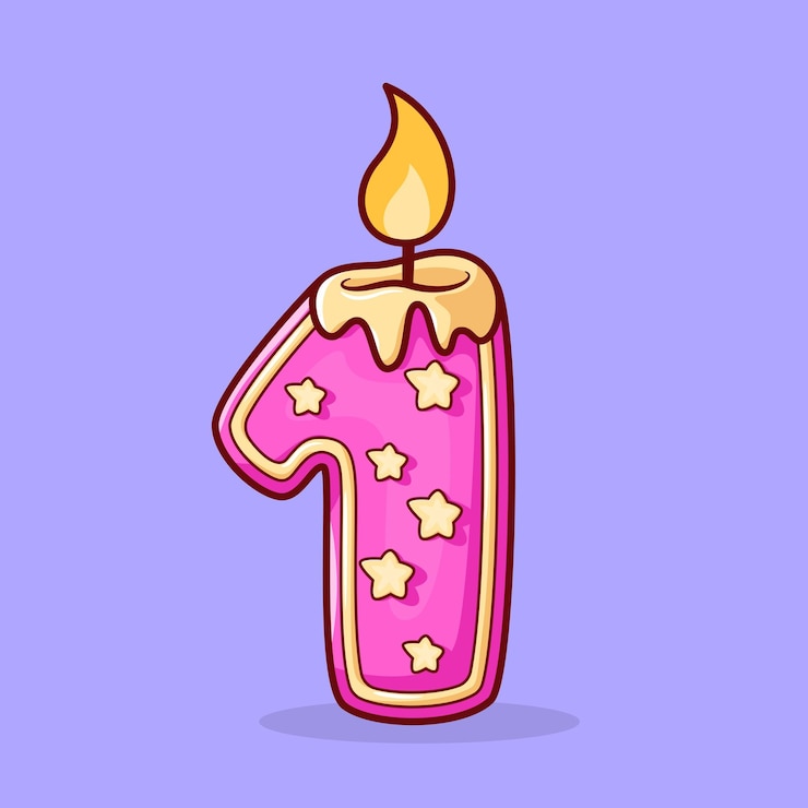 Vector vector linda vela de cumpleaños en la forma del número uno ilustración dibujos animados doodle plano colorido