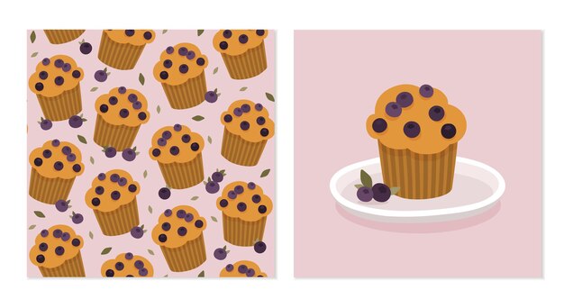 Vector lindas tarjetas con muffins de arándanos