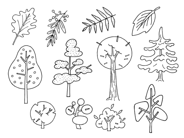 Vector vector lindo ambientado en el tema del otoño, hojas, ramitas y árboles de varias formas y tamaños abstractos